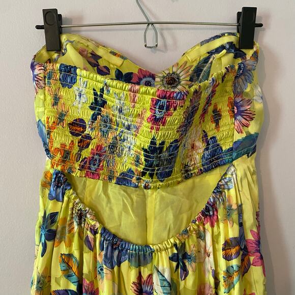 Anthropologie Strapless Midi Dress Floral Silk Blend Yellow Blue Pink Small - Picture 8 of 10